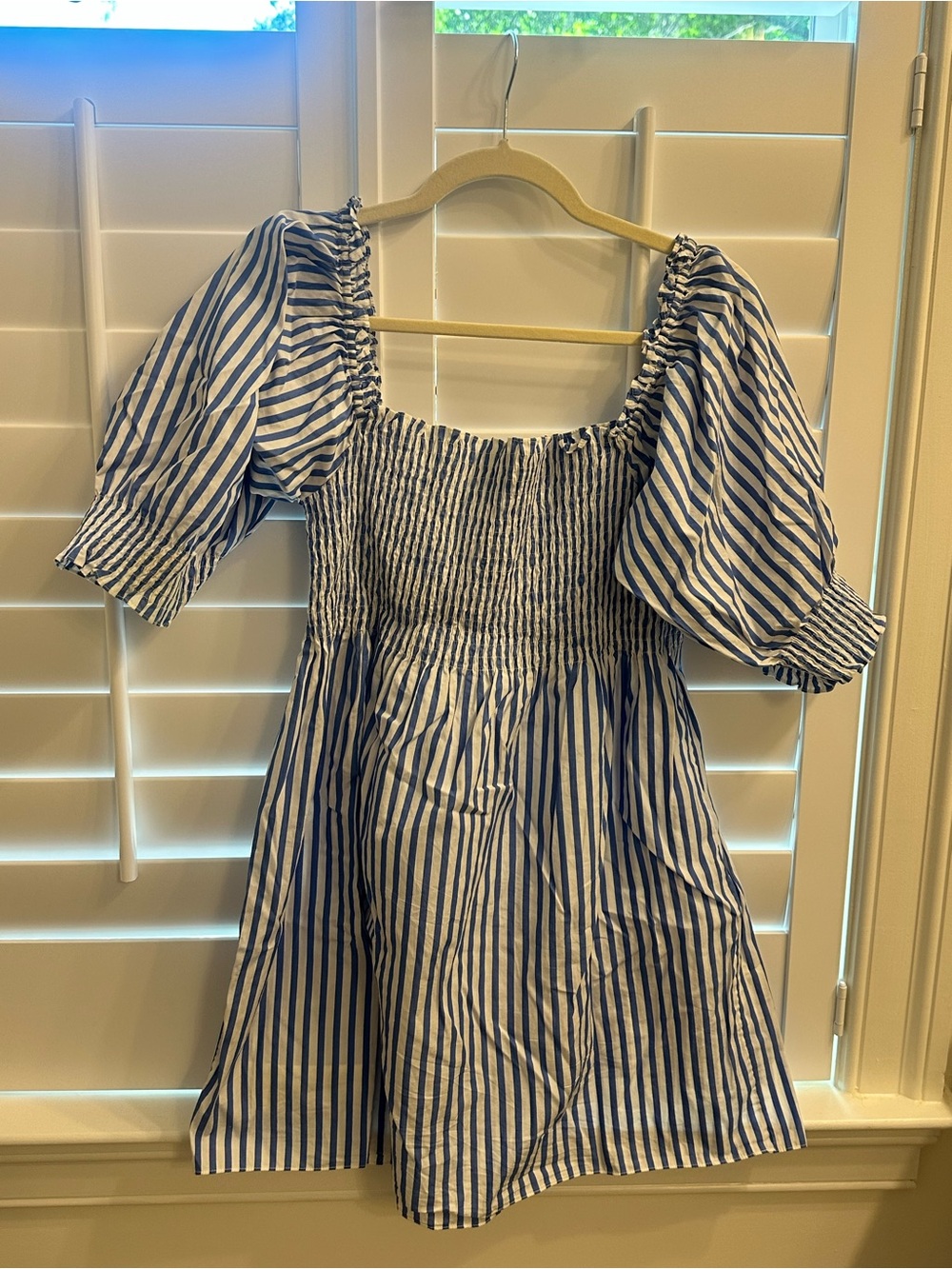 Hill House Blue and White Striped Puff-Sleeve Mini Dress